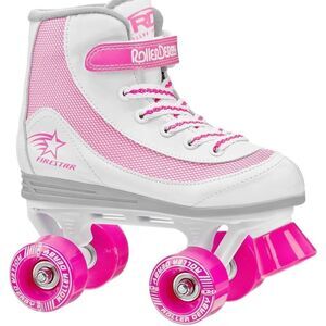 White and Pink High-Top Roller Skates with Pink Wheels